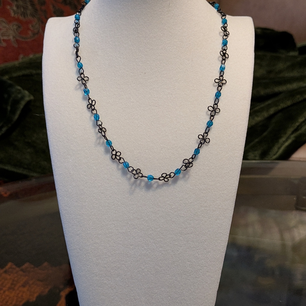 Vintage Wire And Blue Glass Beaded Necklace With Matching Earrings